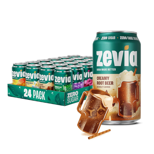 24-pack of 12 oz cans containing 4 cans each of orange, black cherry, ginger ale, grape, creamy root beer, and vanilla cola