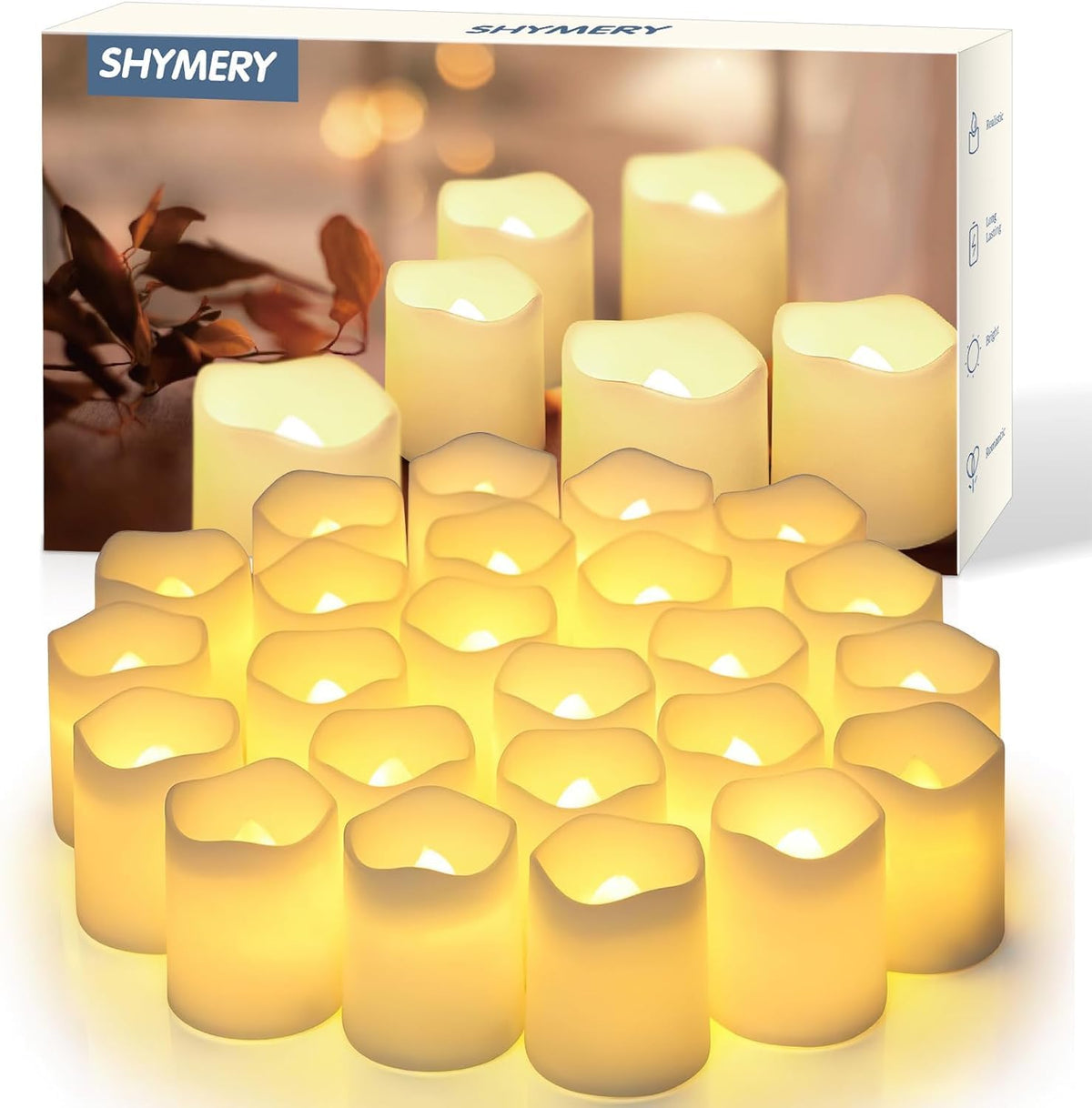 24-piece led votive candle set with warm white, off white, and red color options
