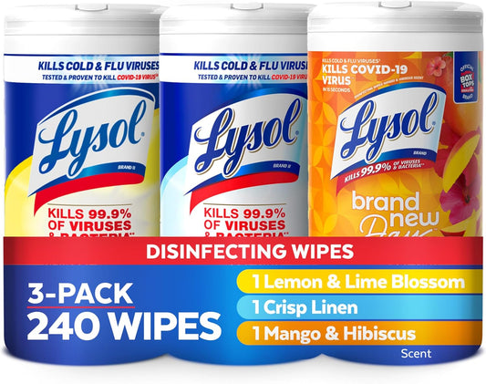 240-count total bundle (3 x 80 ct canisters) in three scents: lemon & lime blossom, crisp linen, and mango & hibiscus