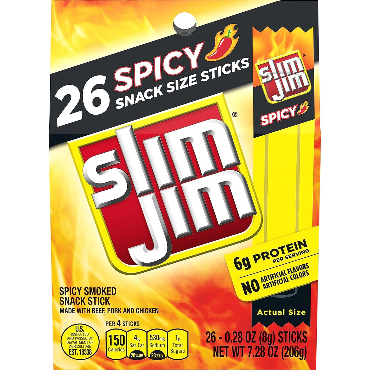 26 individually wrapped spicy meat sticks per box (7.28 oz total)
