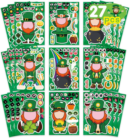 27 sheets of mix-and-match face-part stickers (eyes, mouths, noses) plus themed accessories like leprechaun hats and shamrocks