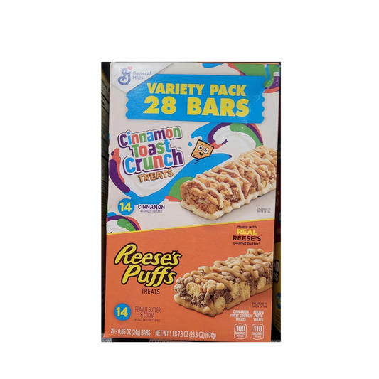 28-count variety pack containing 14 reese's puffs peanut butter & cocoa bars and 14 cinnamon toast crunch bars