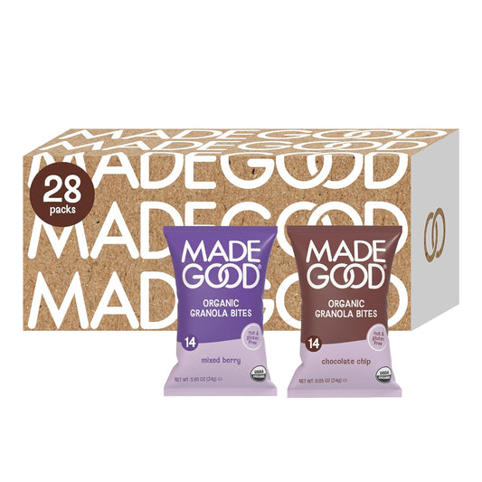 28 individually wrapped 0.85 oz mini pouches split between chocolate chip and mixed berry