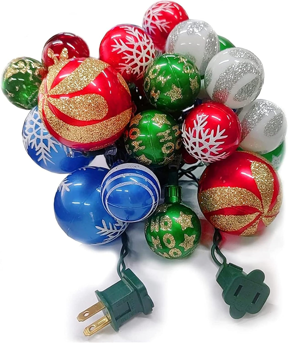 28ft string with 25 led ball-ornament bulbs spaced 8.2 inches apart