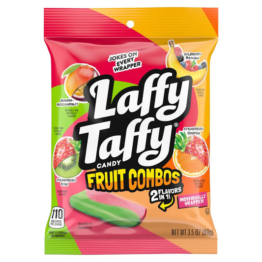 3.5 oz bag containing four fruity flavor combinations: mango-passionfruit, strawberry-kiwi, strawberry-orange, and wildberry-banana