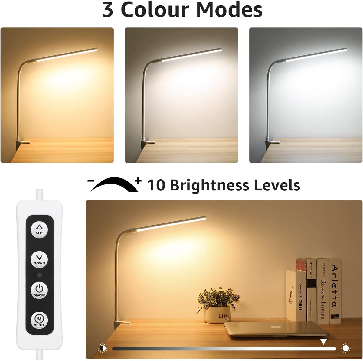 3 color modes (warm white and cool white) with 10 dimmable brightness levels per mode