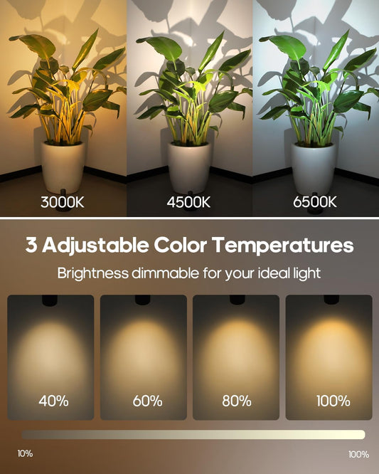 3 color temperatures (3000k warm / 4500k natural / 6500k cool) with stepless 10%–100% dimming