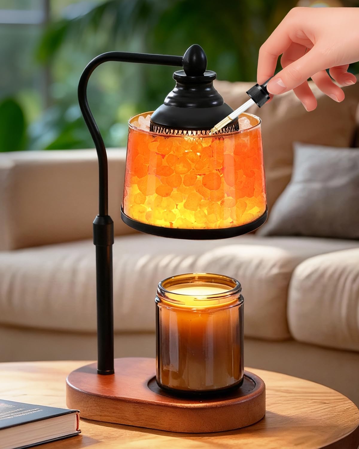 3-in-1 design combining flameless jar candle warmer, himalayan pink salt lamp, and passive essential oil diffuser