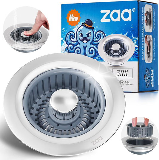 3-in-1 pop-up function combining strainer, stopper, and odor-blocking seal