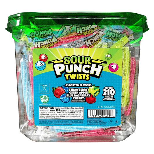 3-inch individually wrapped chewy sour twists in a resealable lidded tub
