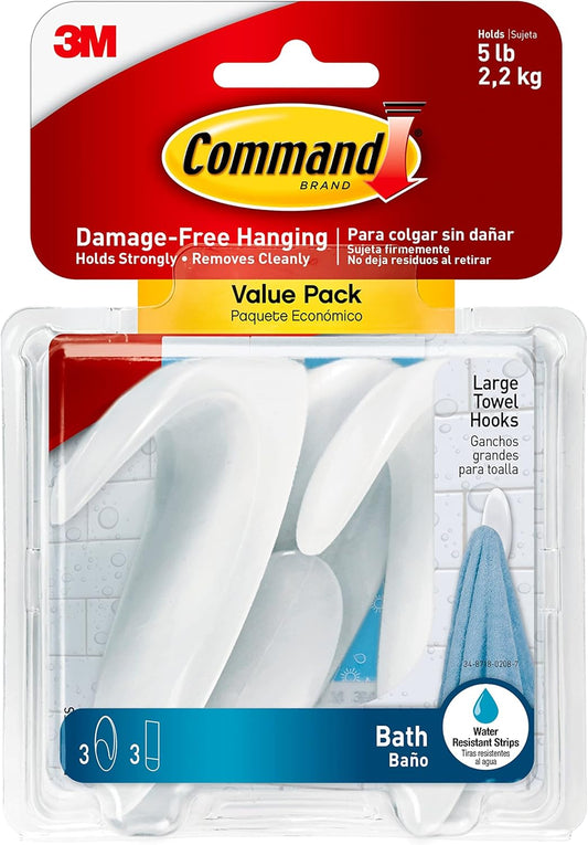 3 large hooks and 3 water-resistant adhesive strips included in value pack