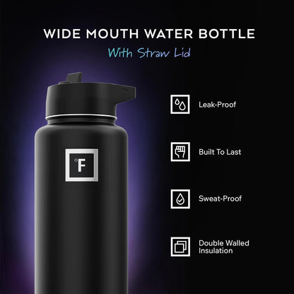 3 leakproof lids included: carabiner straw lid with 2 replacement straws, flip lid, and stainless steel cap