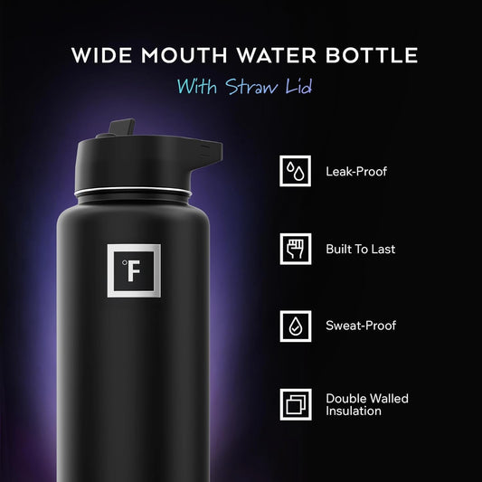 3 leakproof lids included: carabiner straw lid with 2 replacement straws, flip lid, and stainless steel cap