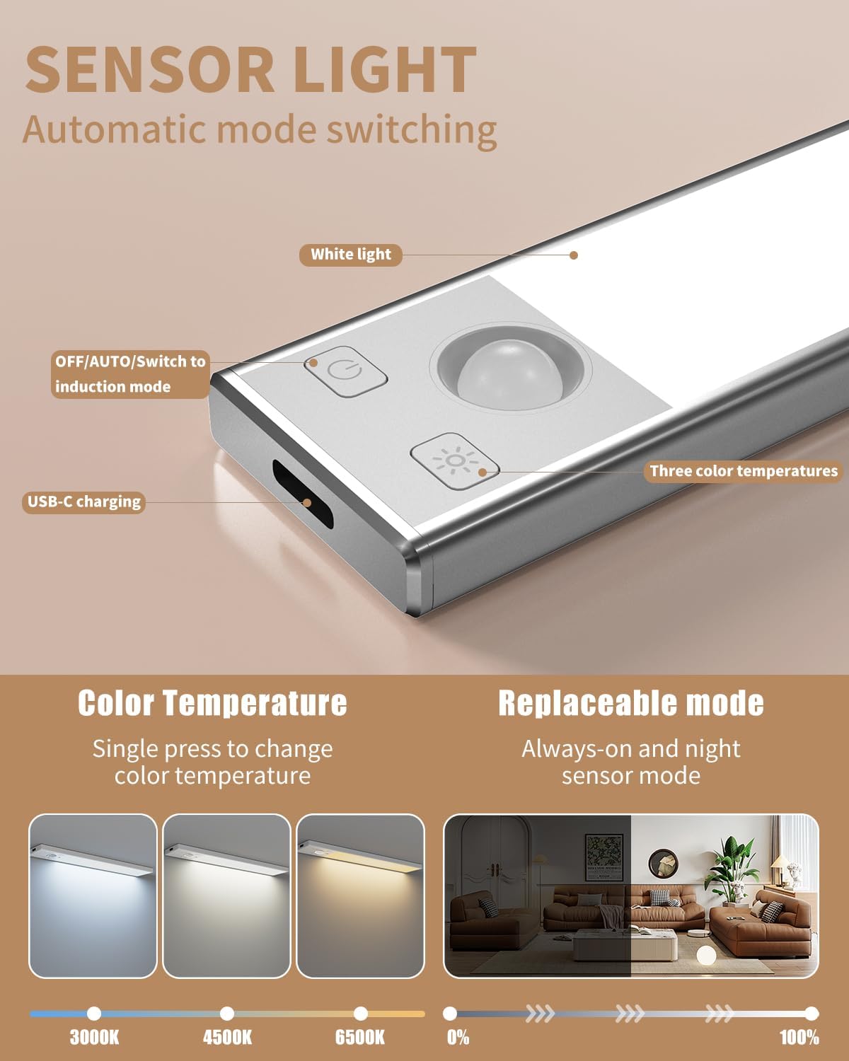 3 selectable color temperatures: 3000k warm, 4500k balanced, 6000k cool via one-touch button