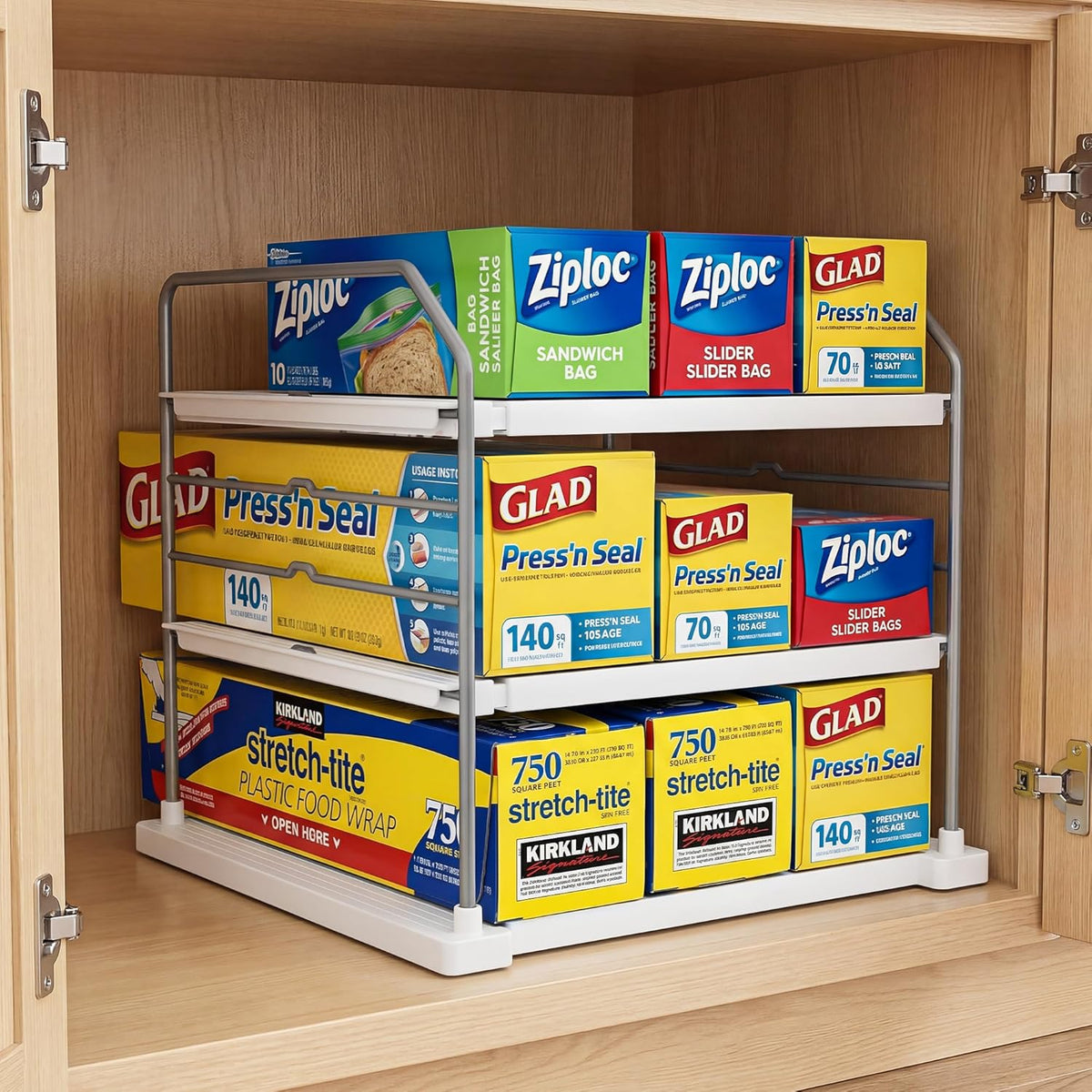 3-tier tiered shelf design for vertical organization of wrap boxes and jars