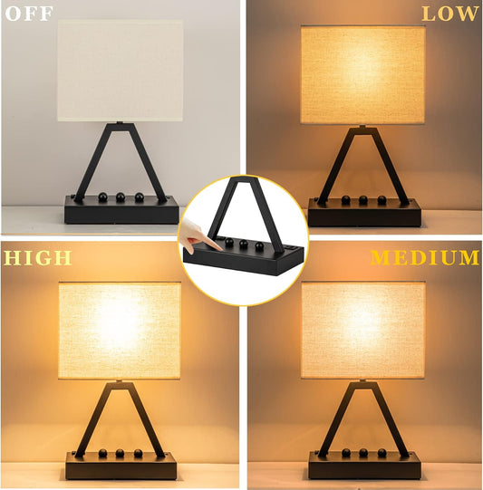 3-way touch dimming (low/medium/high) activated by tapping the metal base or pole