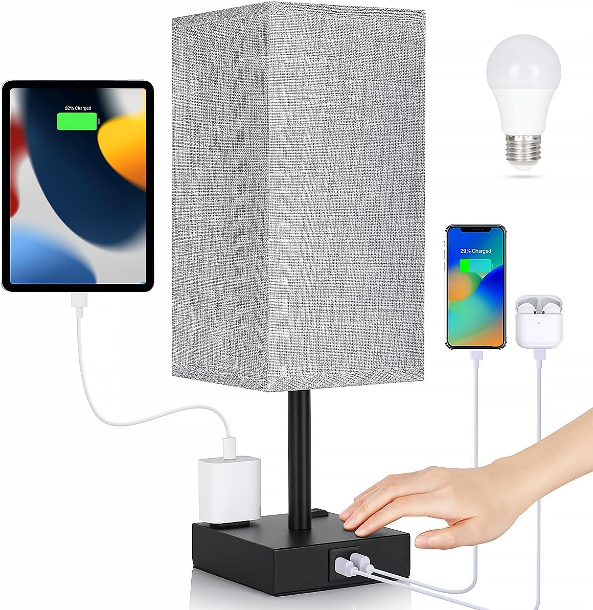 3-way touch dimming (low/medium/high) via base-mounted sensor