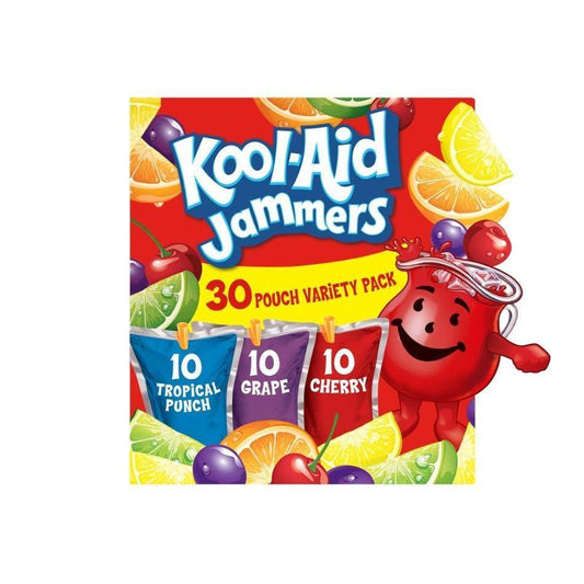 30-count box with 10 pouches each of tropical punch, grape, and cherry