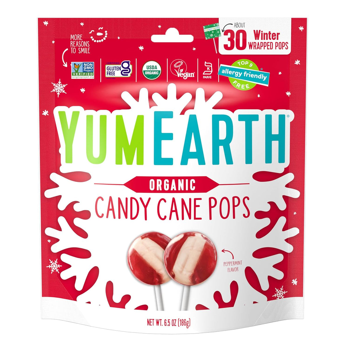 30 individually wrapped candy cane-shaped lollipops per pack