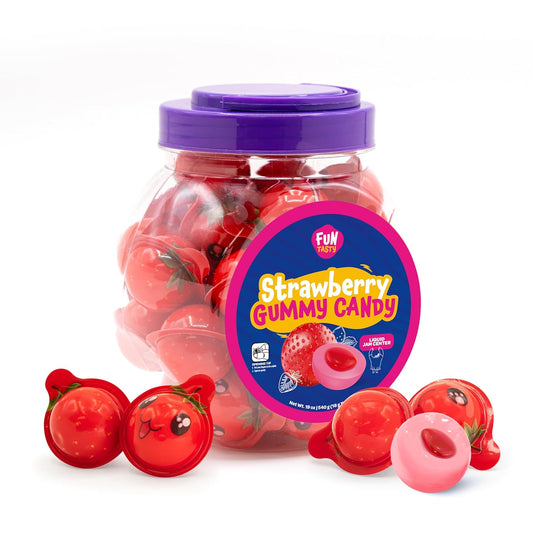 30 individually wrapped gummy ball candies in a 19 oz reusable jar