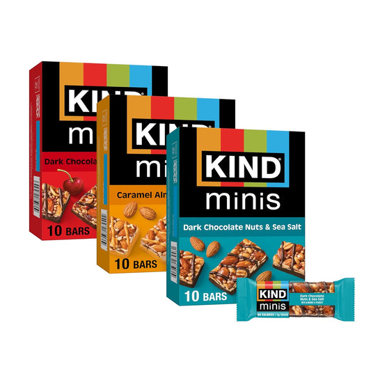 30 individually wrapped mini bars in three flavors (10 each of dark chocolate nuts & sea salt, caramel almond & sea salt, dark chocolate cherry cashew)