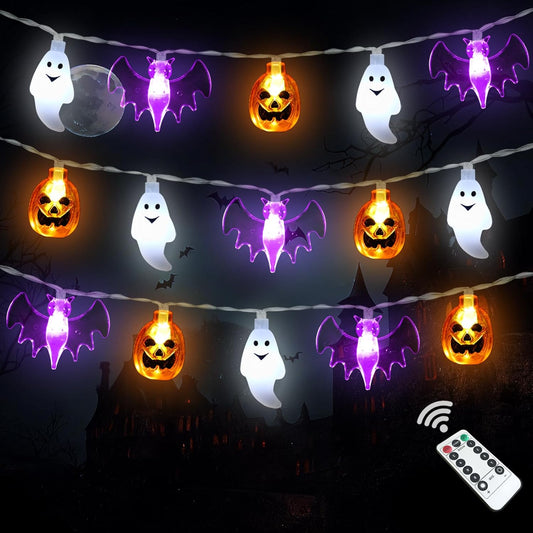 30 led 3d-shaped bulbs in pumpkin, bat, and ghost (variant: spider) designs