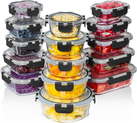 30-piece set in 12 sizes across rectangular, square, and round shapes (160ml to 1040ml)
