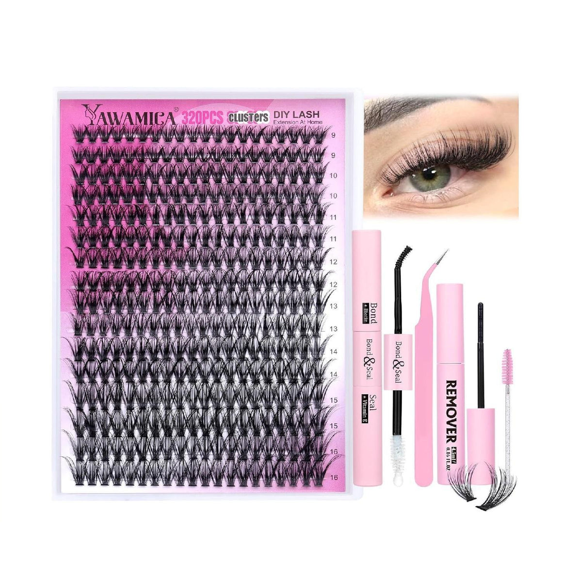 300 individual d-curl lash clusters in 100d volume with mixed lengths from 10mm to 18mm