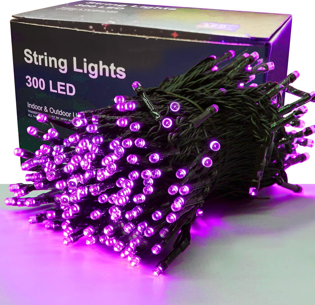 300 led bulbs spaced along 98.5ft of thin black wire with 16.5ft leading line (115ft total)