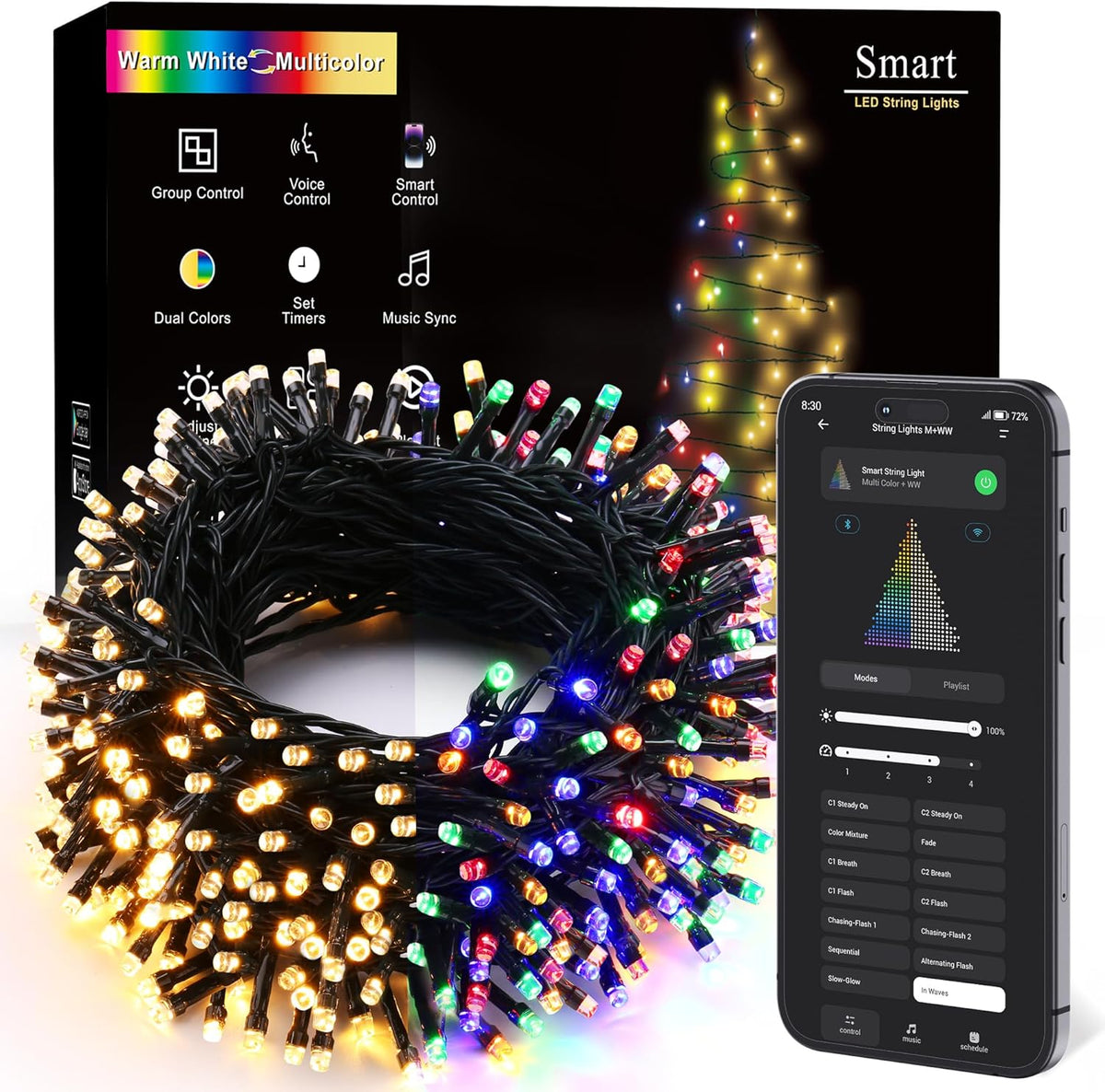 300 led count on 98 ft of wire with warm white and multicolor (or cool white and multicolor) output