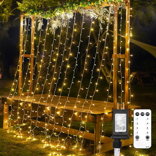 300 leds across 10 strands covering 9.8x9.8ft with 2700k warm white output