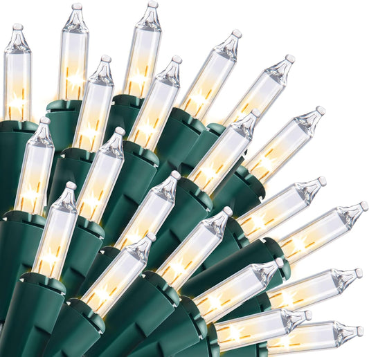 300 mini incandescent clear bulbs across 58.2 ft of lighted length on discreet green wire