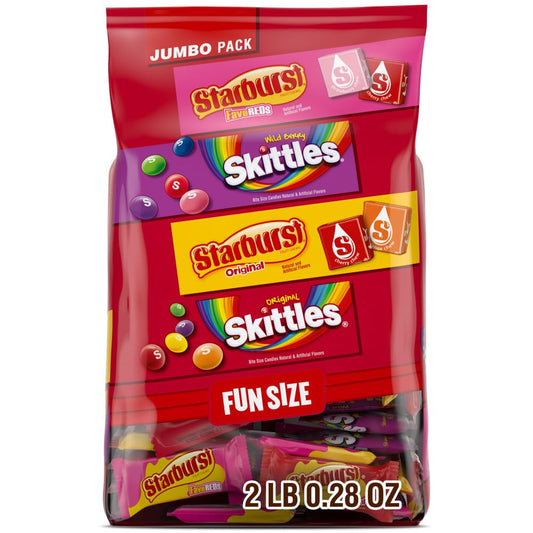 32.28-ounce bulk bag containing 4 varieties: skittles original, skittles wild berry, starburst original, and starburst favereds