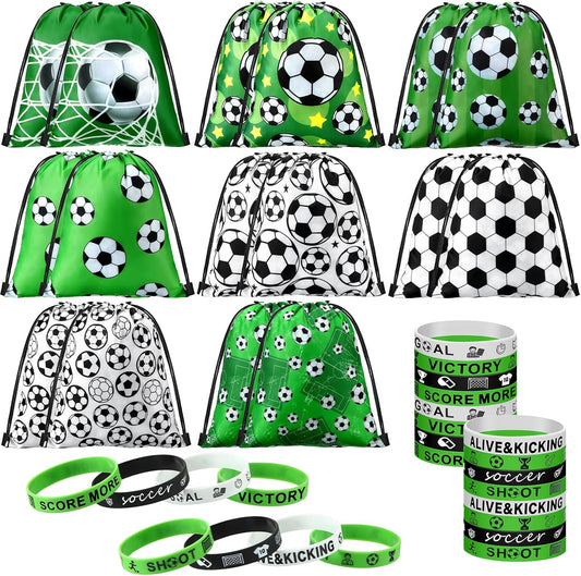 32-piece bundle: 16 drawstring bags (8 styles, 2 each) + 16 silicone wristbands (4 designs, 4 each)