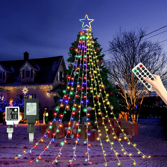 320 led bulbs distributed across 9 strands with 12.6-inch top star