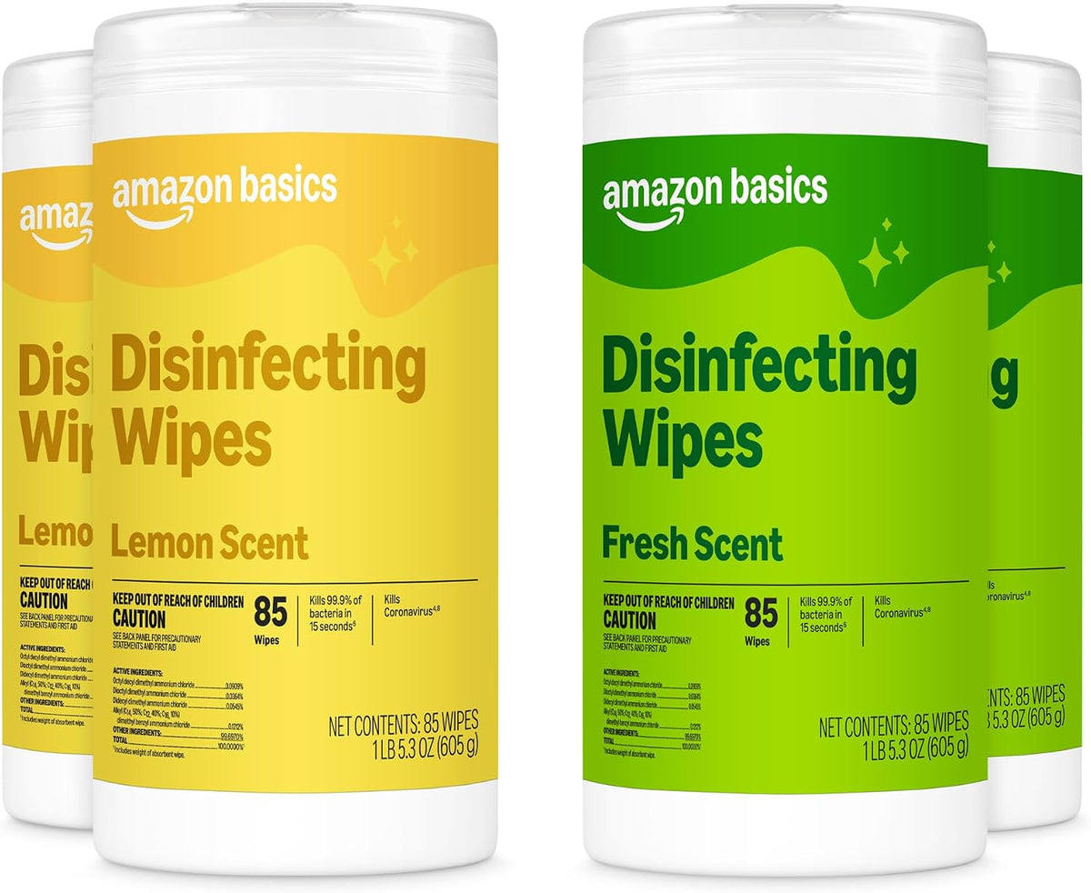 340 total wipes across four 85-count canisters (2 lemon, 2 fresh scent)