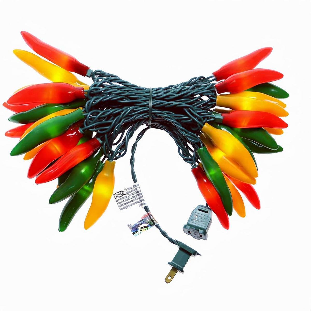35 led bulbs in red, green, and yellow chili pepper shapes on 18 ft green wire