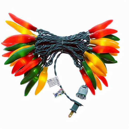 35 led bulbs in red, green, and yellow chili pepper shapes on 18 ft green wire