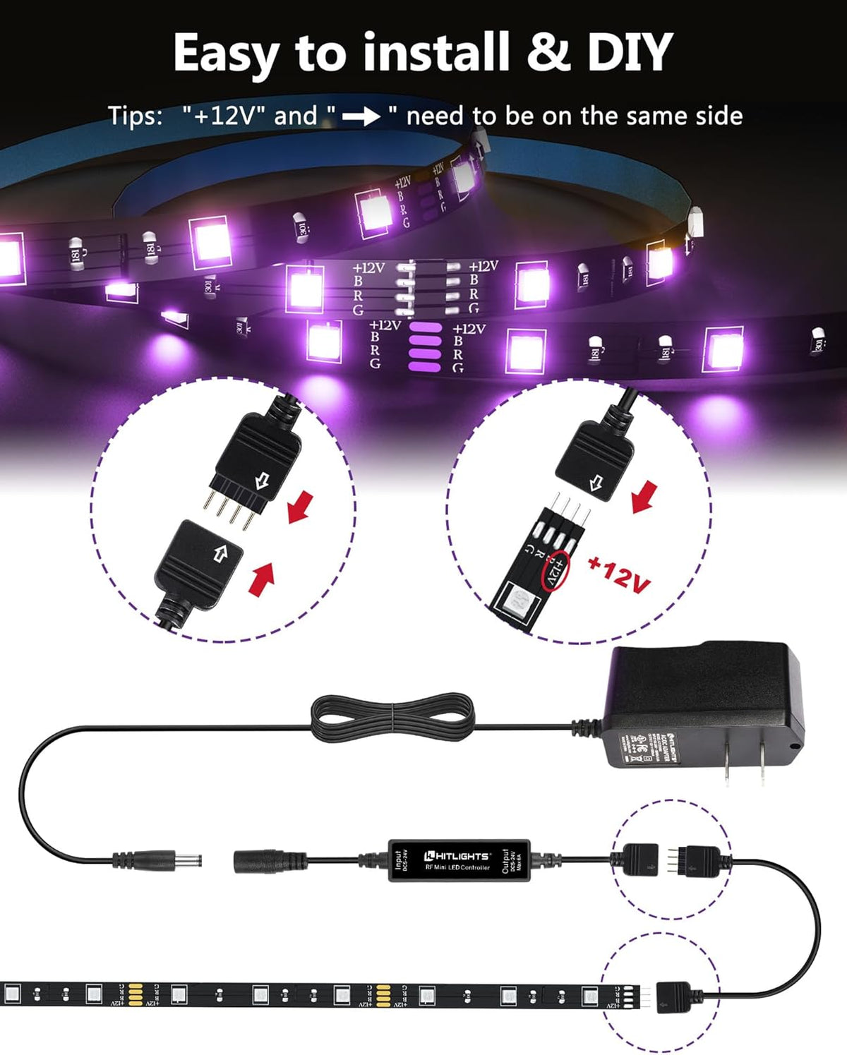 360° rf remote with 12 colors, 19 modes, brightness and speed adjustment, 49–66ft range through obstacles