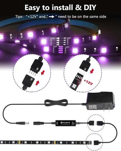360° rf remote with 12 colors, 19 modes, brightness and speed adjustment, 49–66ft range through obstacles