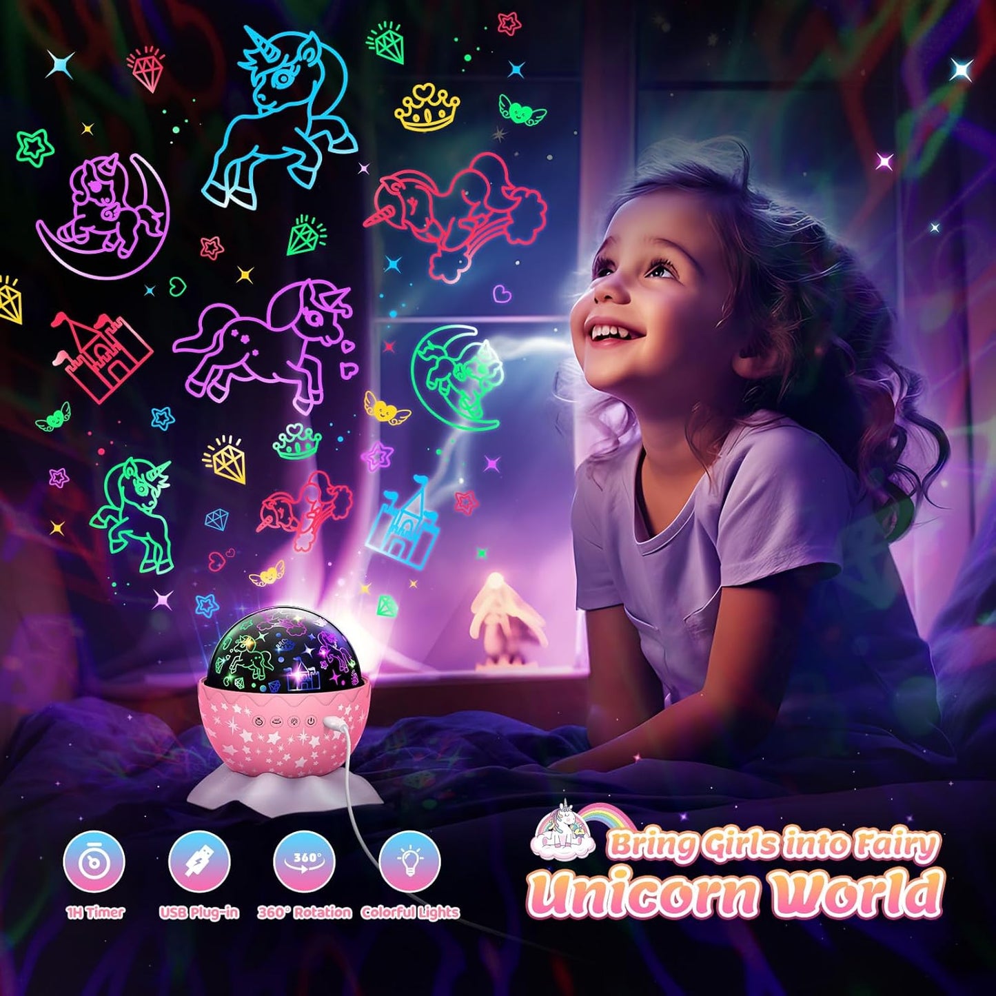 360° rotating projector head with 4 led color options and 6 lighting modes