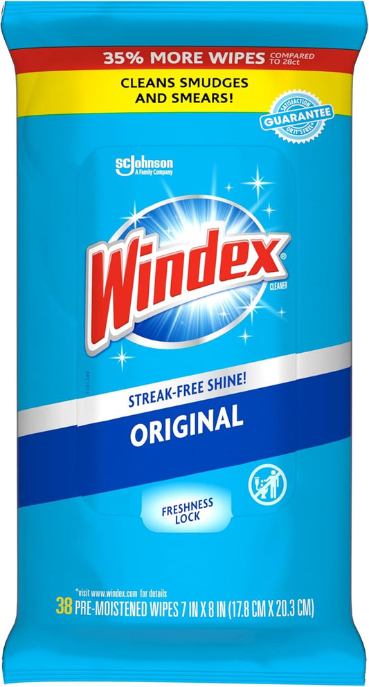 38 pre-moistened cleaning wipes per pack in a resealable flat pack