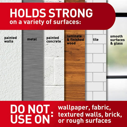 3m adhesive that bonds to painted walls, finished wood, painted concrete cinder blocks, laminate, glass, metal, and tiles