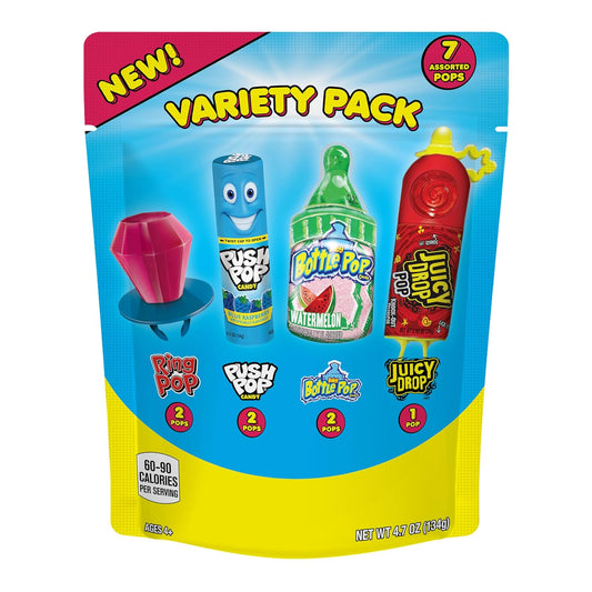 4 candy formats included: 2 ring pops, 2 push pops, 2 baby bottle pops, and 1 juicy drop in 7-count base pack