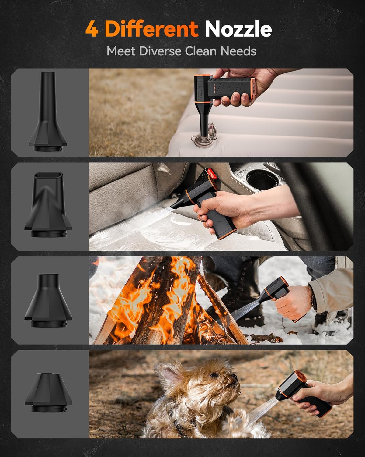 4 included nozzles for varied cleaning scenarios