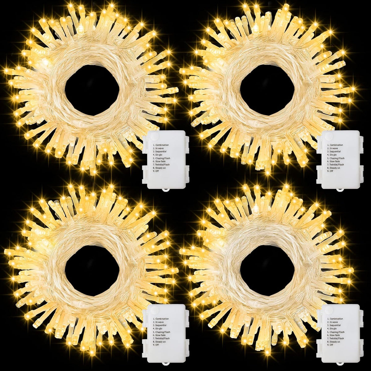 4-pack of 16.5ft strings with 50 warm-white leds each (200 leds total)