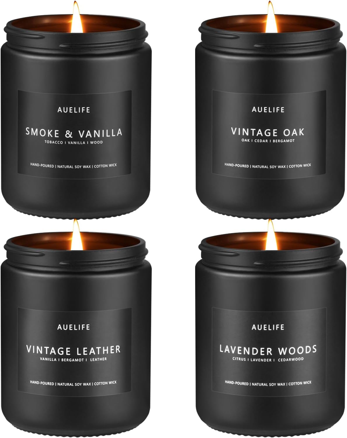 4-pack set with smoke & vanilla, lavender woods, vintage leather, and vintage oak scents