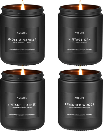 4-pack set with smoke & vanilla, lavender woods, vintage leather, and vintage oak scents