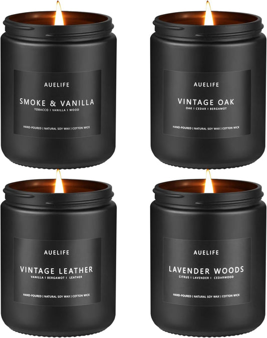 4-pack set with smoke & vanilla, lavender woods, vintage leather, and vintage oak scents