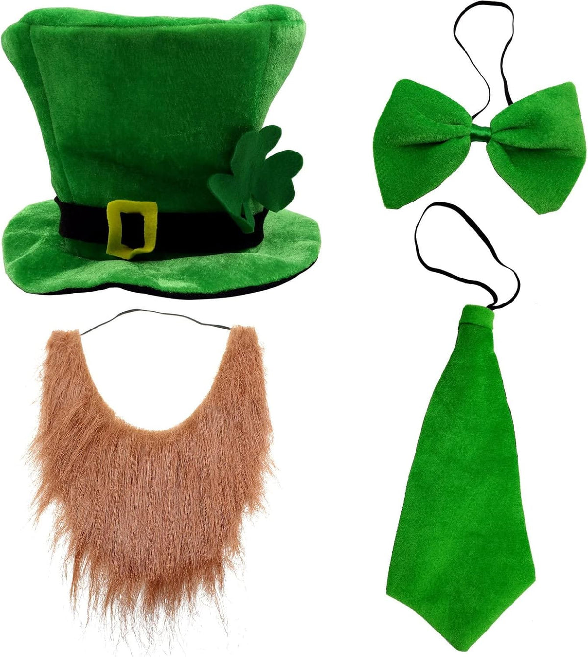 4-piece accessory set: green leprechaun hat, false beard, bow tie, and scarf